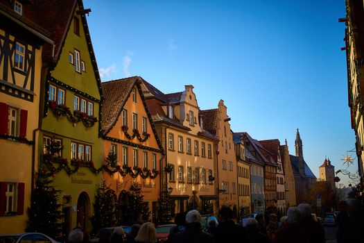 Beautiful streets in Rothenburg ob der Tauber with traditional German houses, Bavaria, Germany