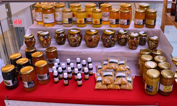 Honey products on display for sale