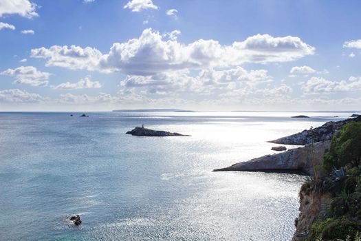 Sea view of Ibizza island from top to coastal blue waters