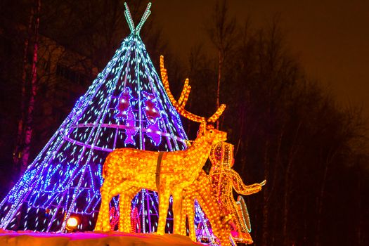 the deer in the lights of the evening and the city