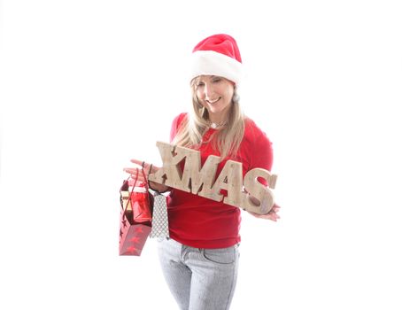 Festive woman with Christmas signage