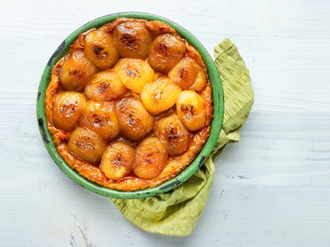 close up of rustic golden french apple tarte tatin