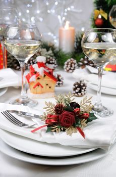 Linen napkin, decorated with Christmas Corsage  on the table