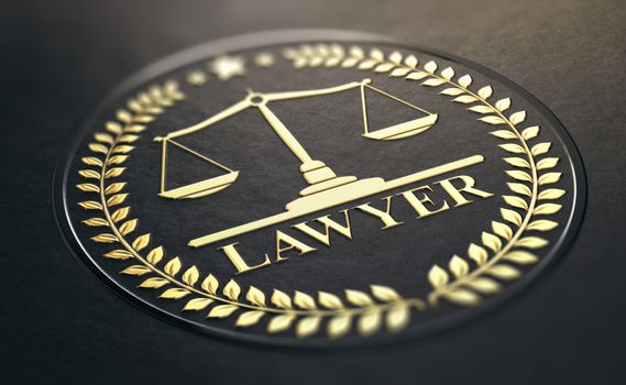 Lawyer symbol, golden stamp with scales of justice and laurel wreath embossed on black paper background. 3D Illustration