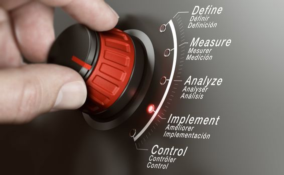 Hand turning a DMAIC knob over grey background and selecting the different phases. Lean management training concept. Composite image between a hand photography and a 3D background.