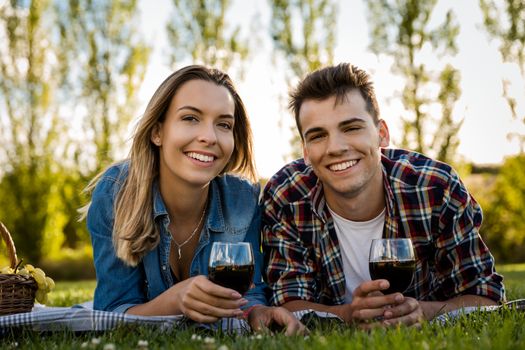 Shot of a beautiful couple on the park making a picnic and drinking wine