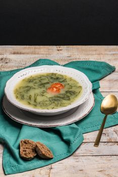 Caldo verde popular soup in Portuguese cuisine. traditional ingredients for caldo verde are potatoes, collard greens , olive oil and salt. Additionally garlic or onion may be added.