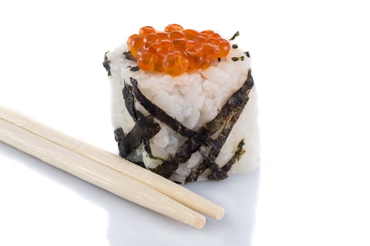 Roll the delicious sushi on a white background.