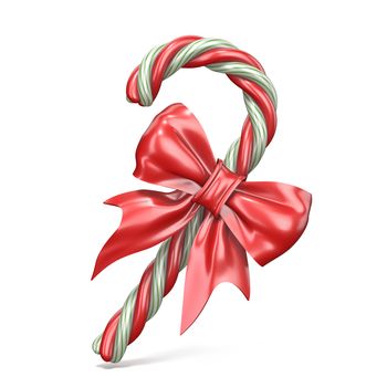 Christmas decoration made of candy cane and ribbon bow 3D render illustration isolated on white background