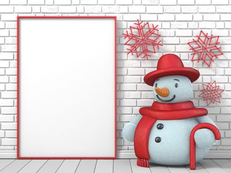 Mock up blank picture frame, Snowman and red popsicle sticks snowflakes 3D render illustration