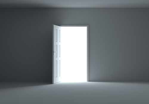 An open door with bright light streaming into a very dark room. 3d Illustration