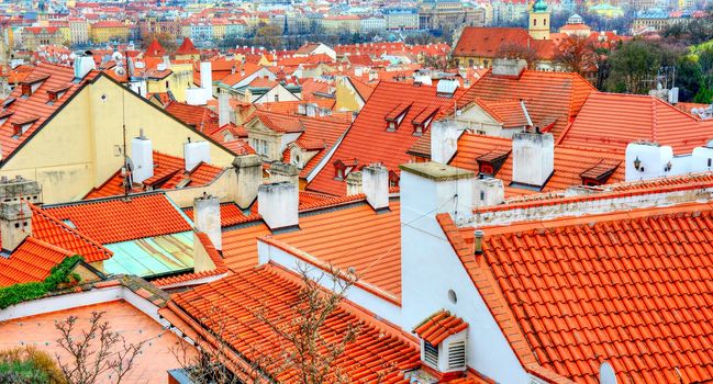 Aerial view of the typical red tiled roofs in Old Town Prague.