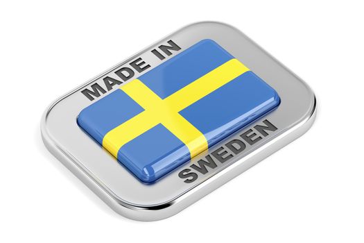 Made in Sweden, shiny silver badge on white background