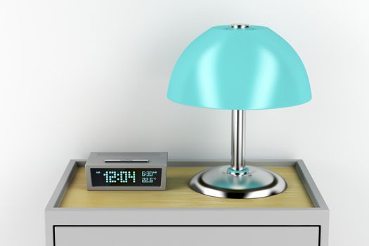 Digital alarm clock and electric lamp on modern nightstand
