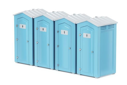 Row with four portable plastic toilets on white background 