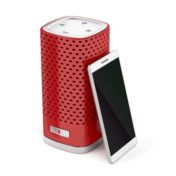 Red smart speaker and smartphone on white background