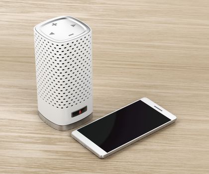 Smart speaker with integrated virtual assistant and smartphone on wood background