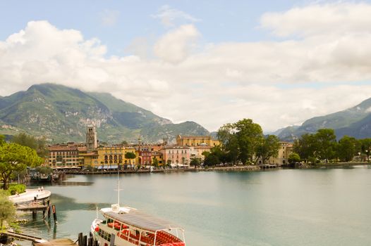 View of Lake Garda and the city of Riva del Garda in Italy