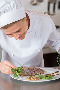 Chef finishing her plate and almost ready to serve at the table