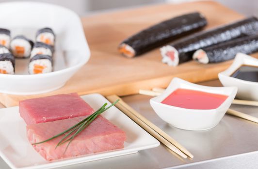 Delicious sushi prepared for a tasting at a restaurant