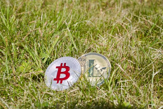 Digital currency physical silver bitcoin and gold litecoin on the grass.
