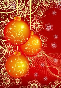 Christmas background with three glowing shining balls, new year decorations
