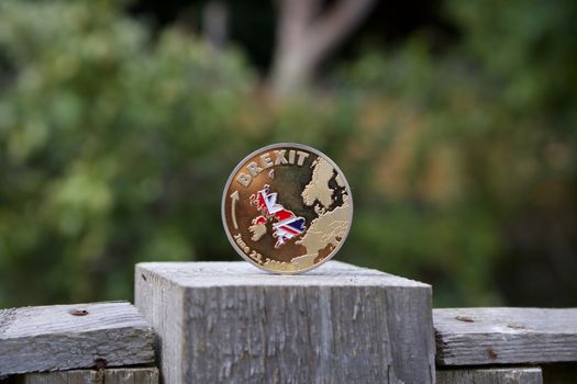 Gold brexit coin with british map on the wooden fence in the garden.