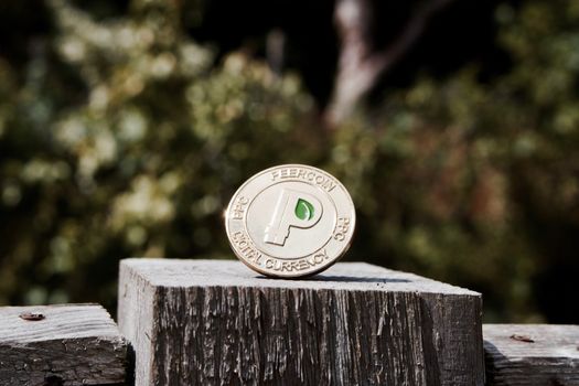 Digital currency physical gold peercoin coin on the wooden fence in garden.