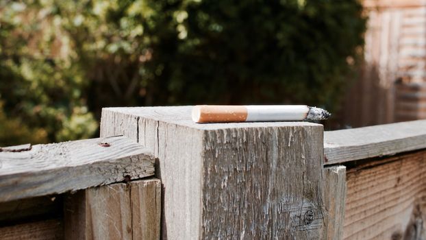 Half cigarette on the wooden wall in the garden at summer time.