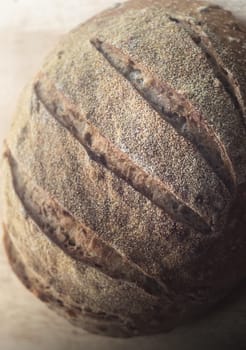 Close-up of beautiful whole wheat artisan sourdough bread