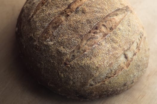 Close-up of whole wheat artisan sourdough bread