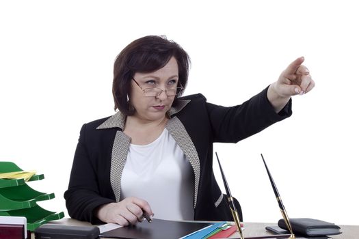 Terrible business woman at the desk on a white background