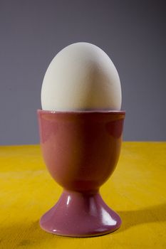 Cooked egg in a holder on a wooden table