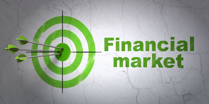 Success currency concept: arrows hitting the center of target, Green Financial Market on wall background, 3D rendering