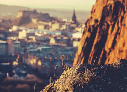 Edinburgh Castle And Skyline With Salisbury Crags In The Foreground