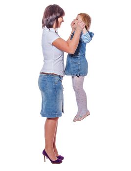 Mother and daughter smiling walking together isolated