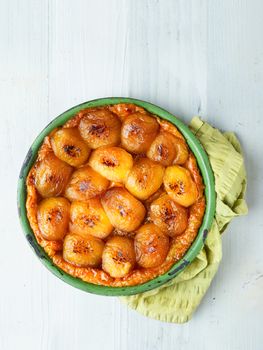 close up of rustic golden french apple tarte tatin