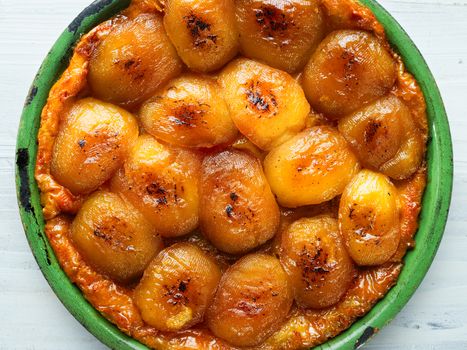 close up of rustic golden french apple tarte tatin