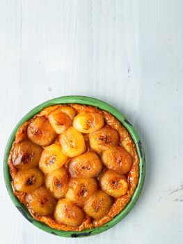 close up of rustic golden french apple tarte tatin