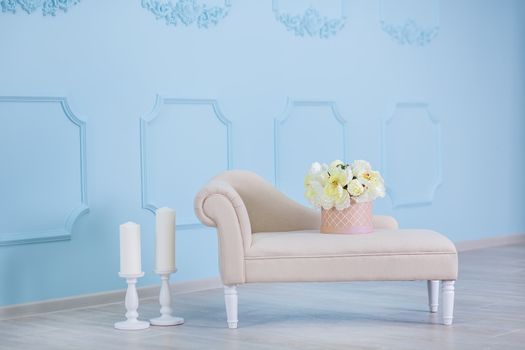 Interior mock up photo. Blue wall with leather material divan sofa and pot with plant flowers and ladder. Background photo with copy space for text