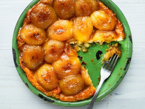 close up of rustic golden apple tarte tatin