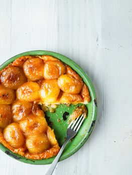 close up of rustic golden apple tarte tatin