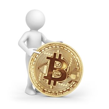 An image of a rendered white man pointing to a bitcoin