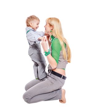 Mother playing with son isolated on white