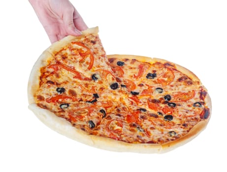 Hand holding a slice of delicious pizza isolated on white