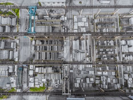 Panorama aerial view shot finished goods warehouse of metal products, factory