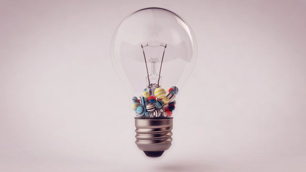 An impressive 3d illustration of a transparent glass ligh bulb with a metallic wire and small striped and multicolored balls in it. They are in the down part of a lamp put in the grey background. 