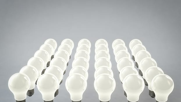 A volumetric 3d rendering of white halogen glass ligh bulbs located in six straight rows. They are placed aslant in the grey background. They look like a mass production advance.  