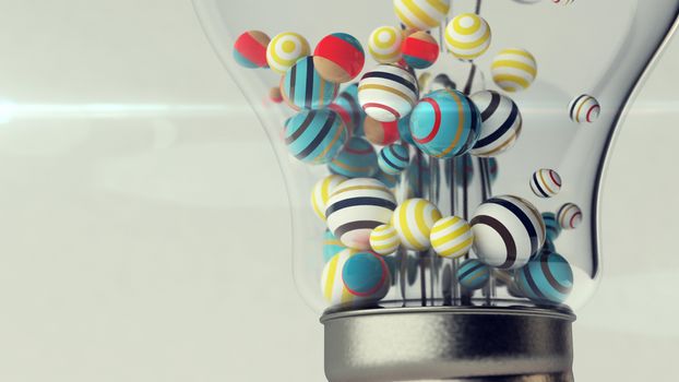 An exciting 3d rendering of a transparent glass ligh bulb with a metallic wire and small striped and multicolored balls in it. They are placed at a metal lamp cap in the grey background. 