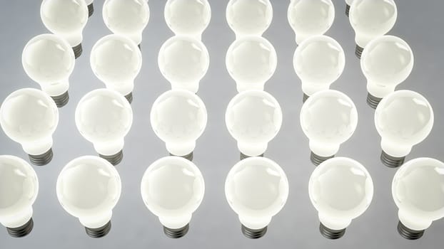 A pop art 3d illustration of white halogen glass ligh bulbs located in six straight rows. They are placed diagonally in the grey background. They look like a conveyer production advance